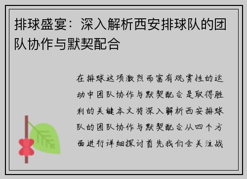 排球盛宴：深入解析西安排球队的团队协作与默契配合
